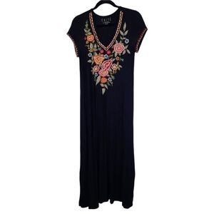 CAITE DRESS Anthropologie EMBROIDERED BLACK MULTI COLOR SHORT SLEEVE Bohemian
